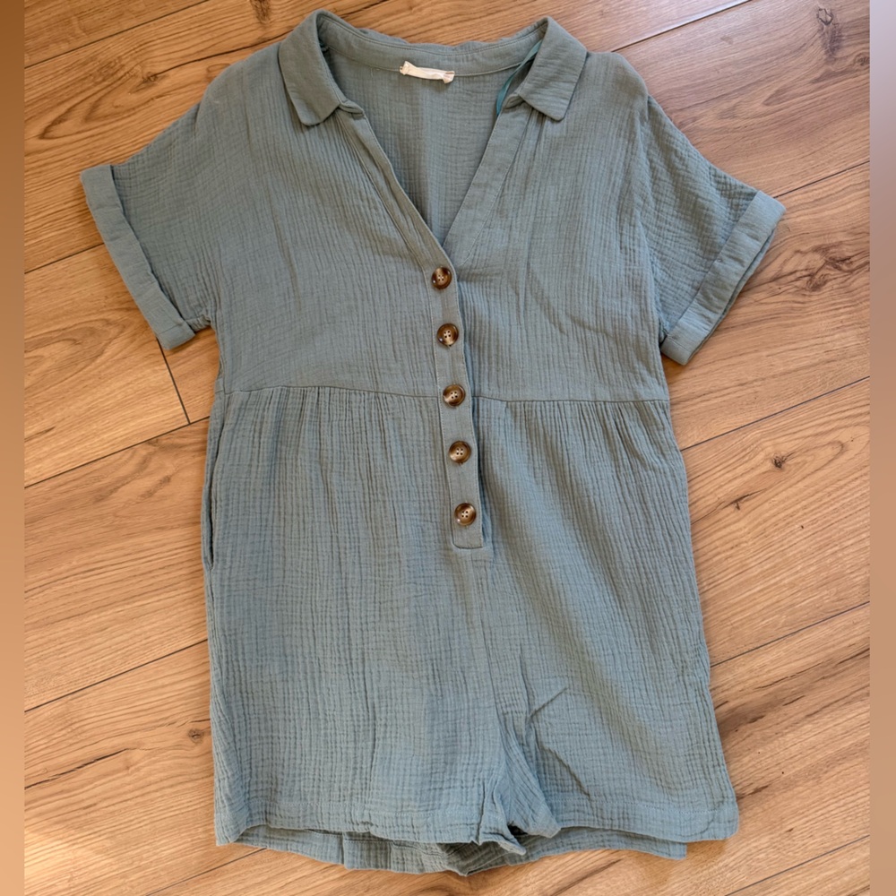 Altar'd State Light Sage Green Button-Front Romper